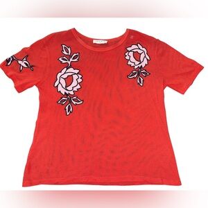 Sandro Red Mesh Top with Pink Floral Embroidery